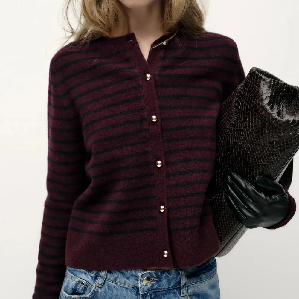 ZARA Burgundy 1509/104/681 | V-Neck Cardigan in Red and Navy Blue - Picture 1 of 6